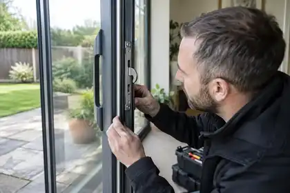 Locksmith examining hook lock on open aluminium sliding door.