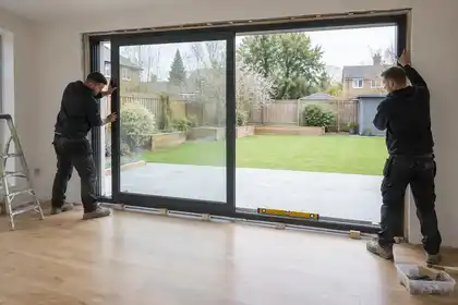 Fitters aligning a new sliding patio door in a garden extension