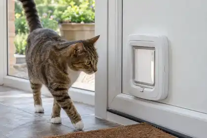 Close photograph of a calm tabby cat approaching a compact white microchip cat flap installed neatly in a clean white back door, translucent flap and smooth frame clearly visible, natural garden light, no printed brand or lettering.