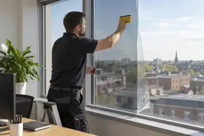 Installer applying solar control film to an office window
