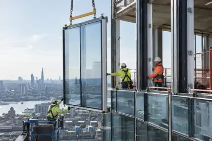 Unitised curtain wall panel being hoisted into position