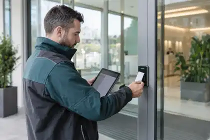 Illustrative Video Door Entry Systems scene: Technician configures office card entry reader.
