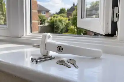 Replacement locking window handle, fixings and keys beside a casement window.