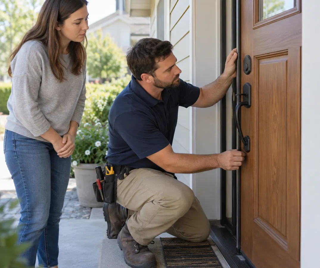 Illustrative Security Door Alignment scene: Homeowner and Technician Check Door Alignment.