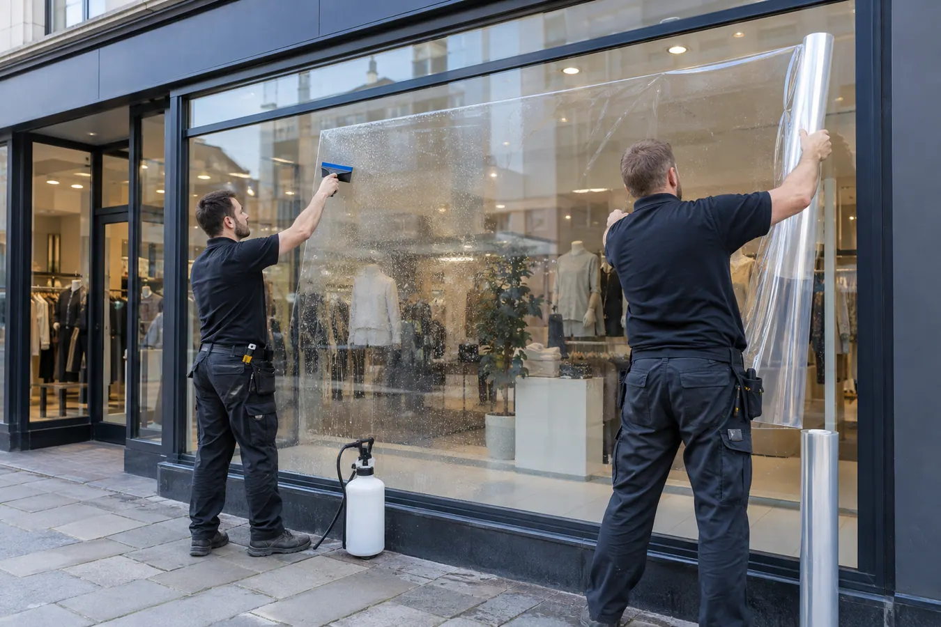 Illustrative External Solar Window Film scene: Applying Safety Film to Shopfront Glass.png.